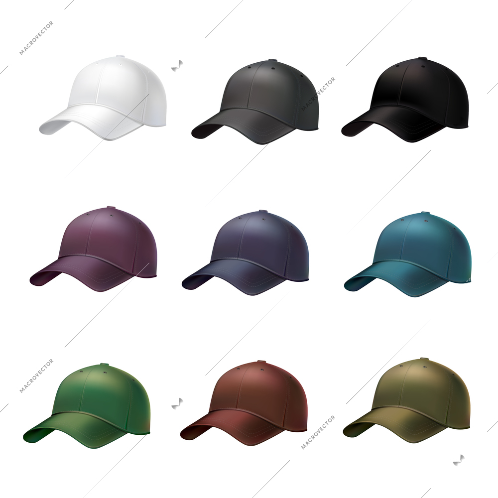Realistic side view different colors baseball cap decorative icons set vector illustration
