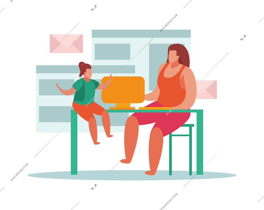 Advanced motherhood flat composition with characters of working mother and daughter sitting on table vector illustration