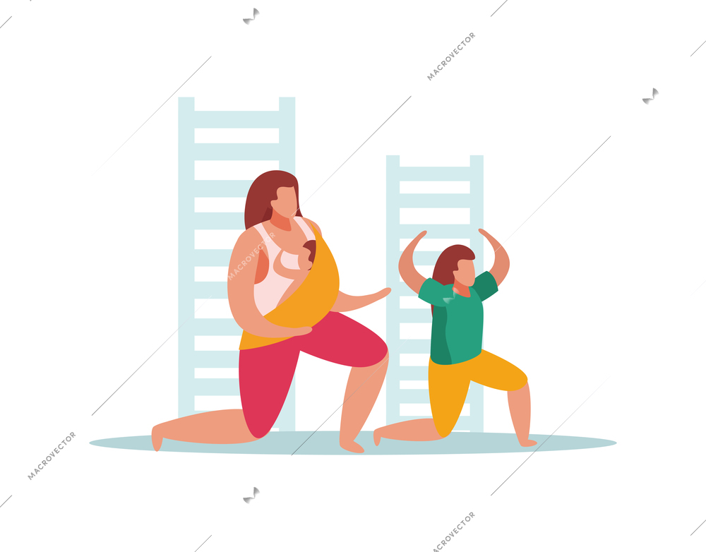 Advanced motherhood flat composition with characters of mother with baby and son doing fitness exercises vector illustration