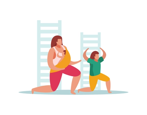 Advanced motherhood flat composition with characters of mother with baby and son doing fitness exercises vector illustration