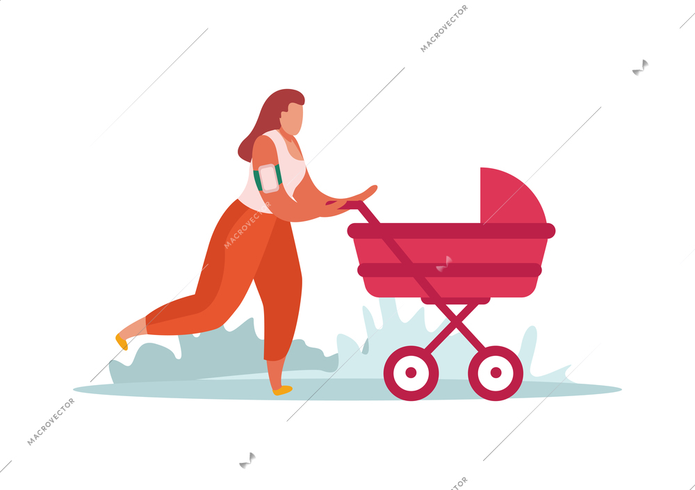 Advanced motherhood flat composition with character of mother walking with baby stroller vector illustration