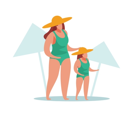 Advanced motherhood flat composition with characters of mother with daughter on beach vector illustration