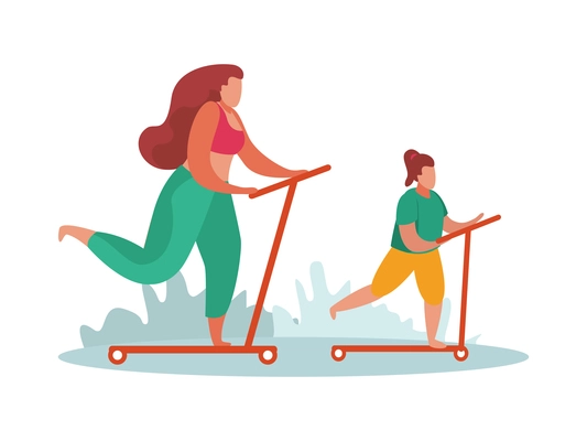 Advanced motherhood flat composition with characters of mother riding kickboards with teenage daughter vector illustration