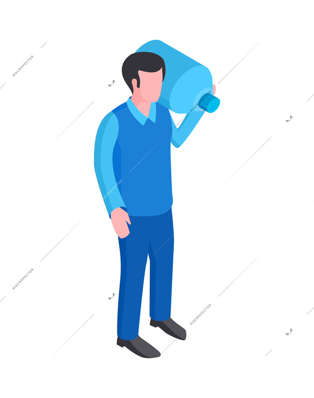 Isometric water purification technology composition with isolated character of delivery worker carrying bottle vector illustration