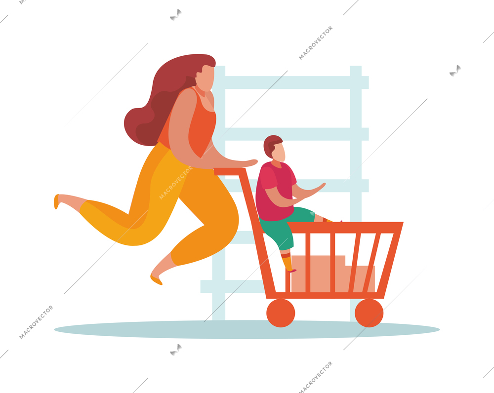 Advanced motherhood flat composition with characters of mother and son in supermarket with buggy vector illustration