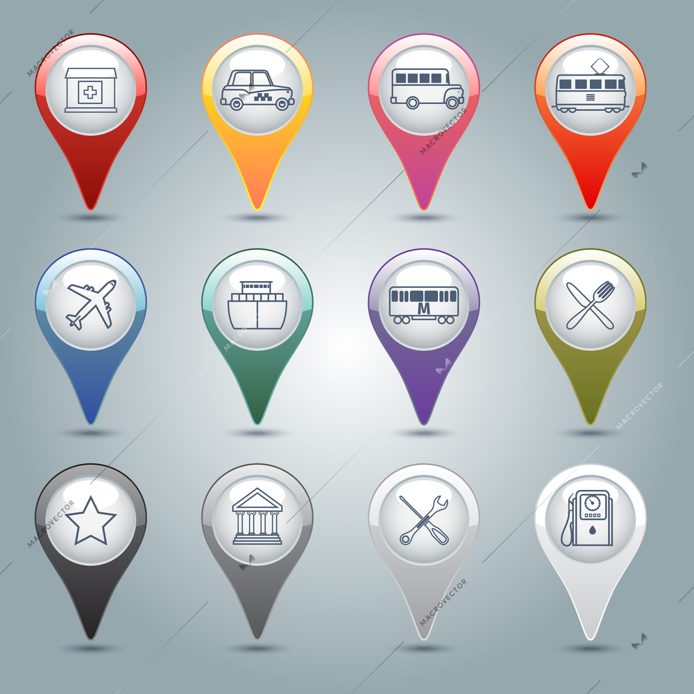 City infrastructure gps markers icons set with pharmacy taxi bus tram isolated vector illustration