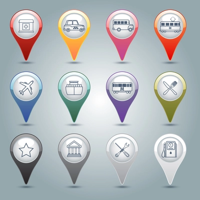 City infrastructure gps markers icons set with pharmacy taxi bus tram isolated vector illustration