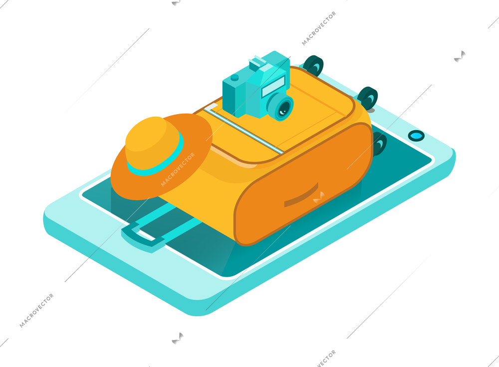Isometric travel booking transport hotel composition with hat camera and suitcase on top of smartphone vector illustration