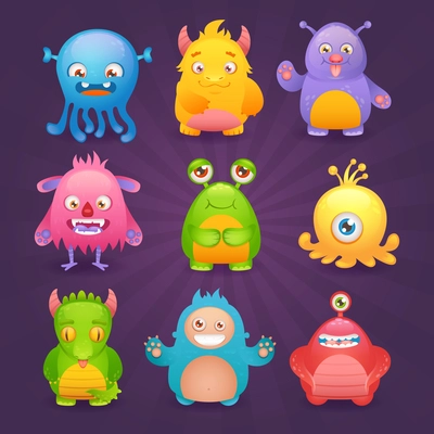 Cute cartoon monsters funny alien character icons set isolated on dark background vector illustration