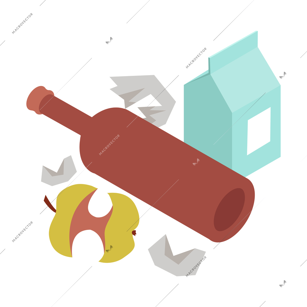 Sweeper street isometric composition with isolated image of unsorted garbage items vector illustration