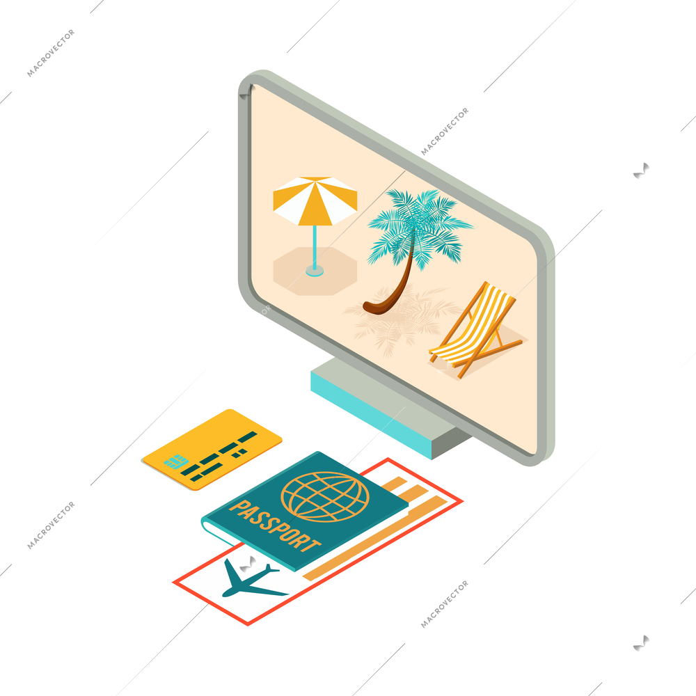 Isometric travel booking transport hotel composition with computer and passport with flight tickets vector illustration