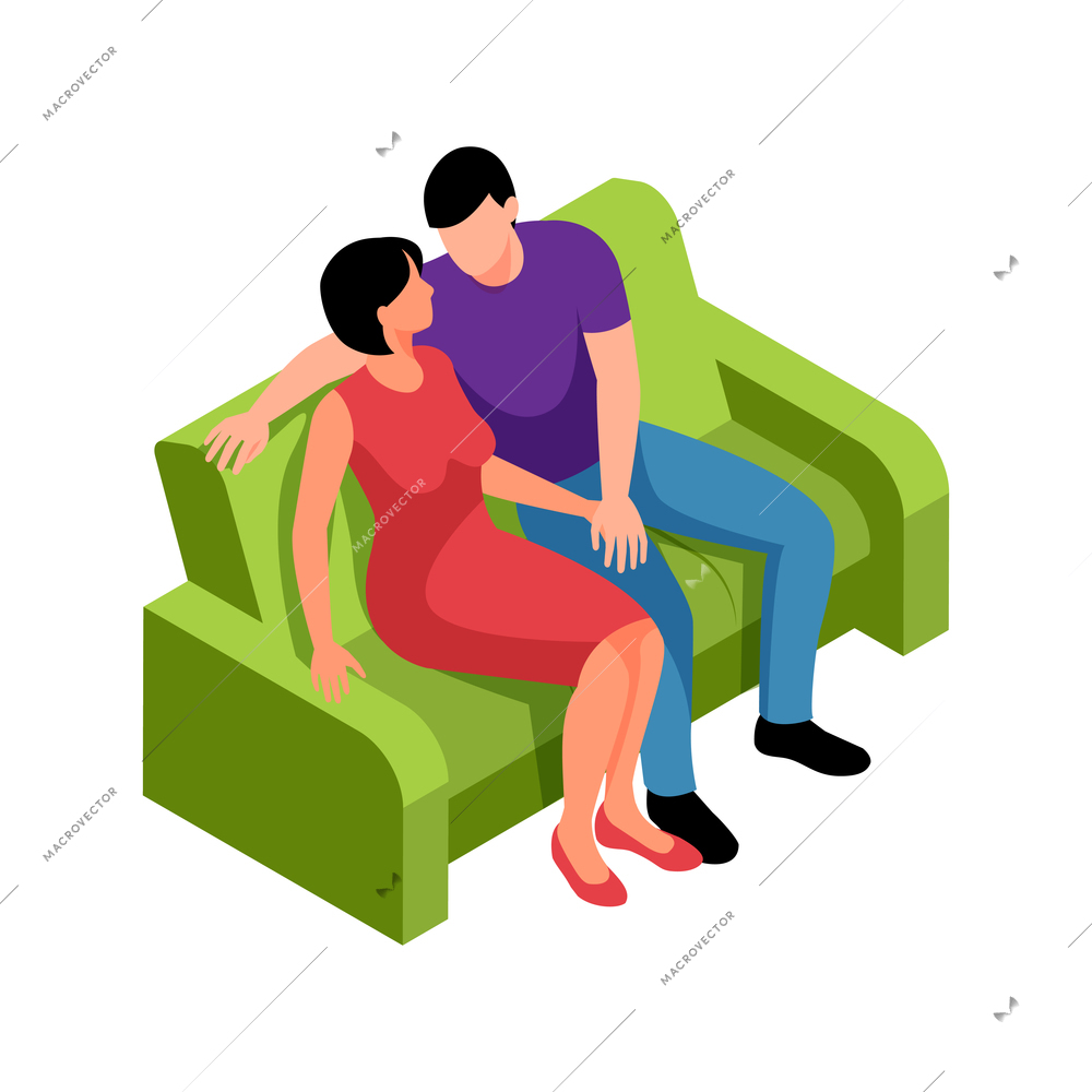 Isometric couple in love composition with characters of loving couple sitting on sofa together vector illustration