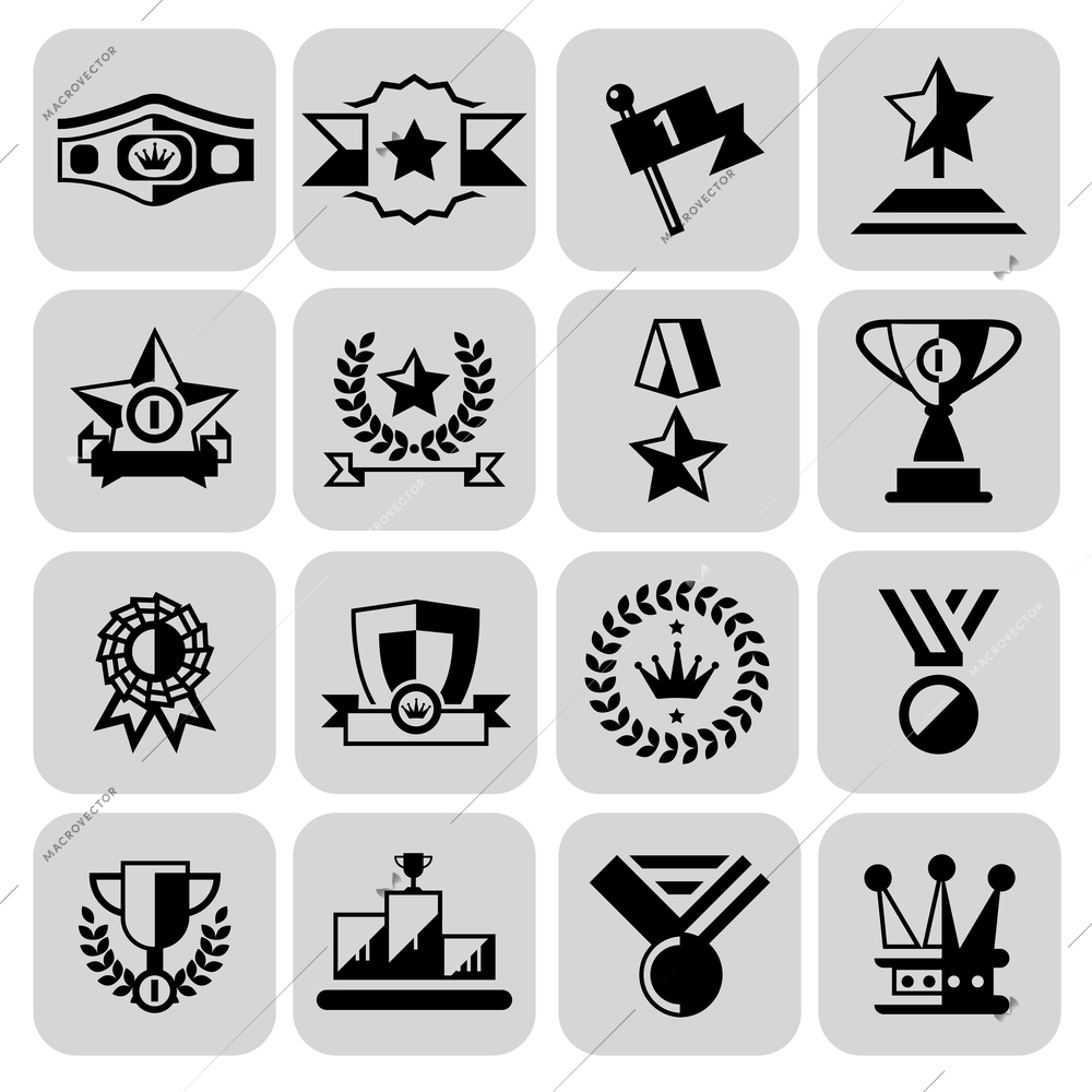 Award icons black set of laurel wreath winner cup isolated vector illustration