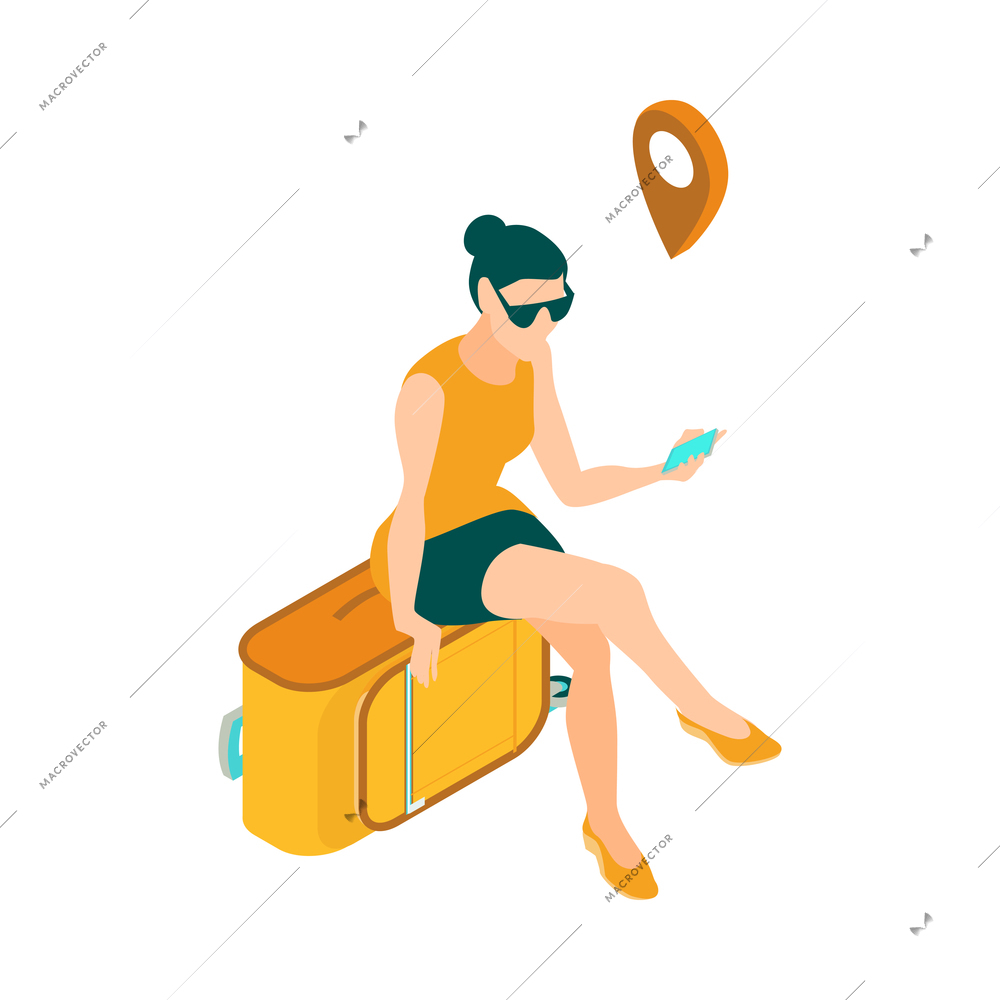 Isometric travel booking transport hotel composition with female tourist sitting on suitcase with smartphone location sign vector illustration