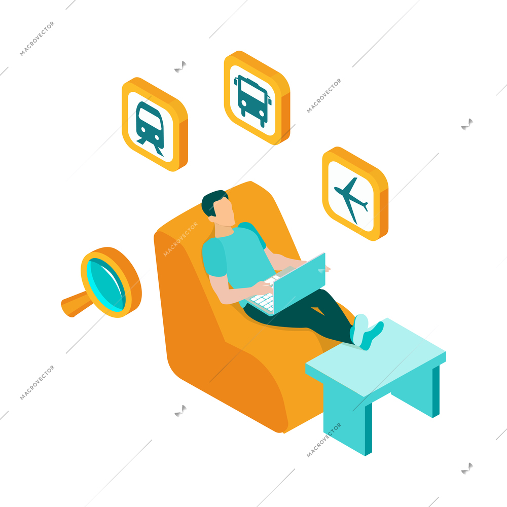 Isometric travel booking transport hotel composition with man in armchair with laptop and search icons vector illustration