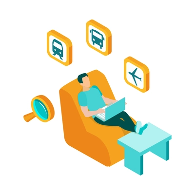 Isometric travel booking transport hotel composition with man in armchair with laptop and search icons vector illustration