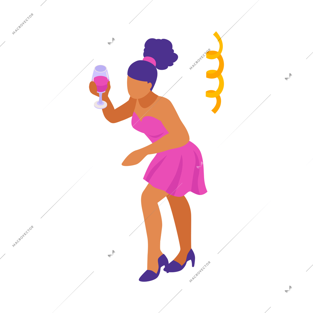 Isometric firework celebrating holiday composition with serpentine and female character with drink vector illustration