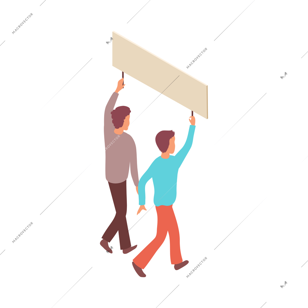 Protest meeting isometric composition with characters of two guys holding single placard vector illustration