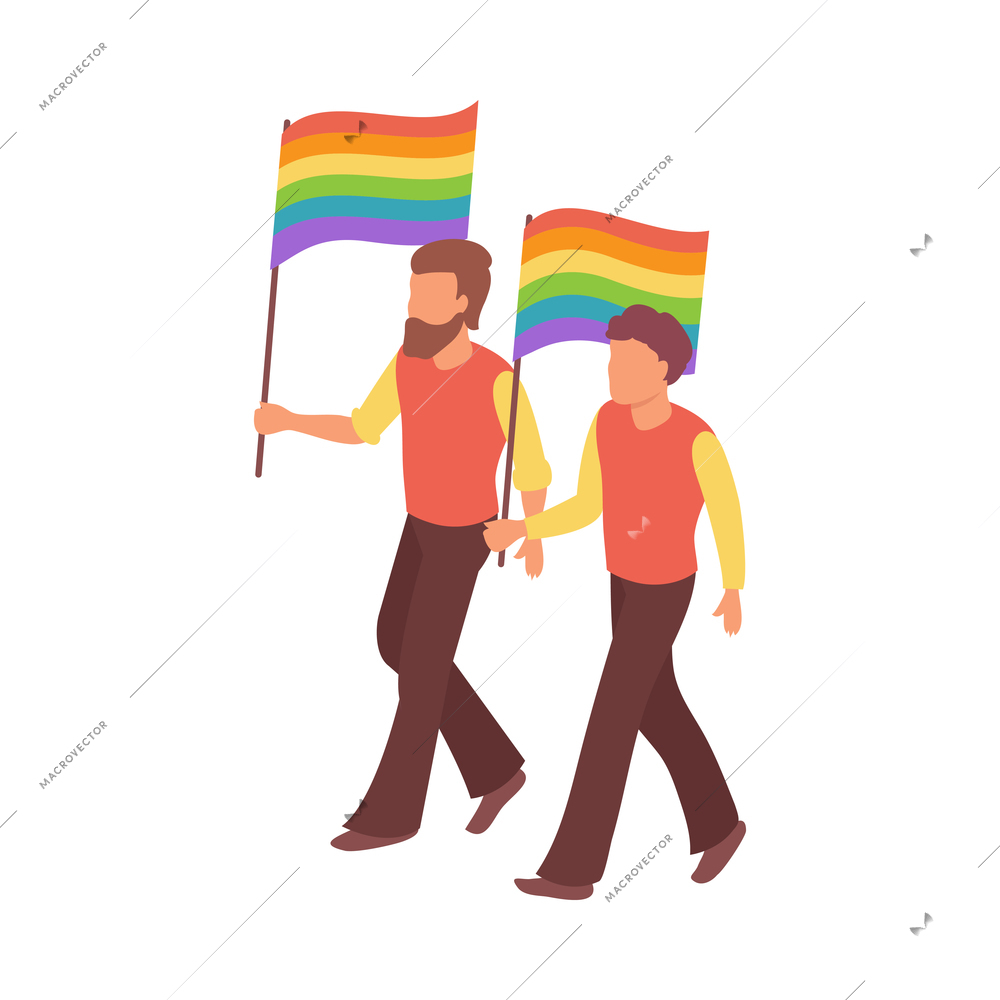 Protest meeting isometric composition with characters of men holding lgbt flags vector illustration