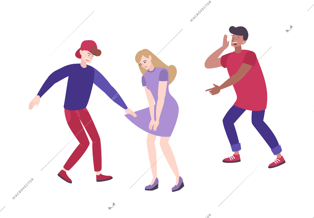 Psychology trauma flat composition with male hooligans abusing teenage girl on blank background vector illustration