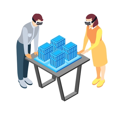 Architects and construction engineers isometric composition with human characters in vr glasses with holographic buildings vector illustration