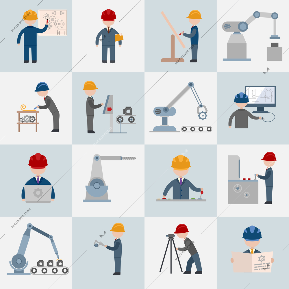 Engineering construction worker machine operator mechanic flat icons set isolated vector illustration