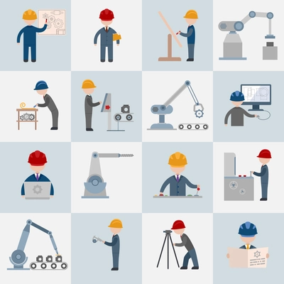 Engineering construction worker machine operator mechanic flat icons set isolated vector illustration