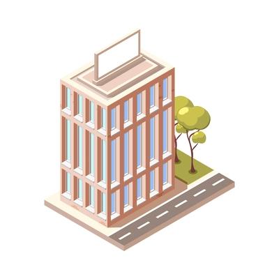 Architects and construction engineers isometric composition with new building with street and trees vector illustration