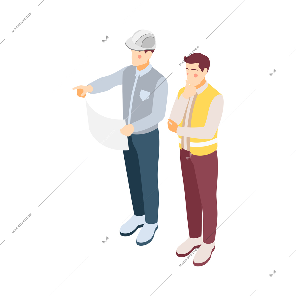 Architects and construction engineers isometric composition with male characters of builders with plan vector illustration