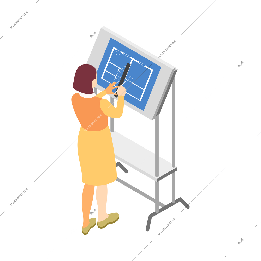 Architects and construction engineers isometric composition with female architect drawing project on easel vector illustration