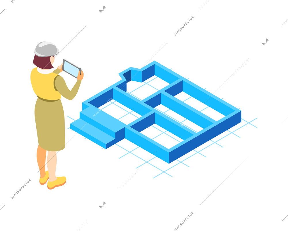 Architects and construction engineers isometric composition with woman holding tablet and holographic plan vector illustration