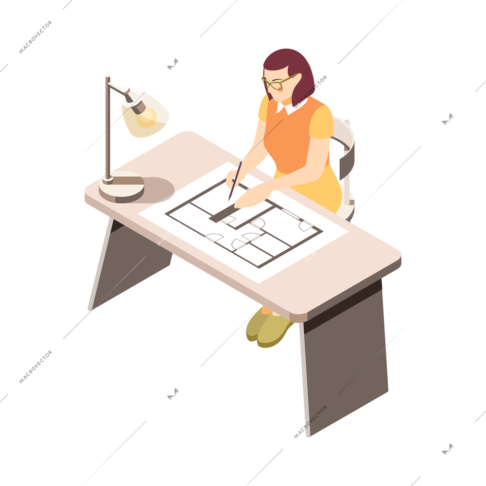 Architects and construction engineers isometric composition with female architect working at table vector illustration