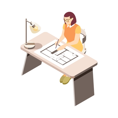 Architects and construction engineers isometric composition with female architect working at table vector illustration