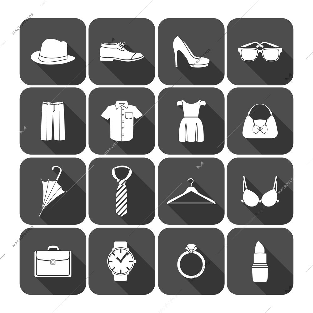 Men and women clothes accessories icons of glasses briefcase clock and lipstick vector illustration