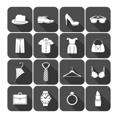 Men and women clothes accessories icons of glasses briefcase clock and lipstick vector illustration