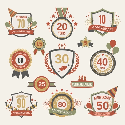 Anniversary celebration retro label set with decoration isolated vector illustration