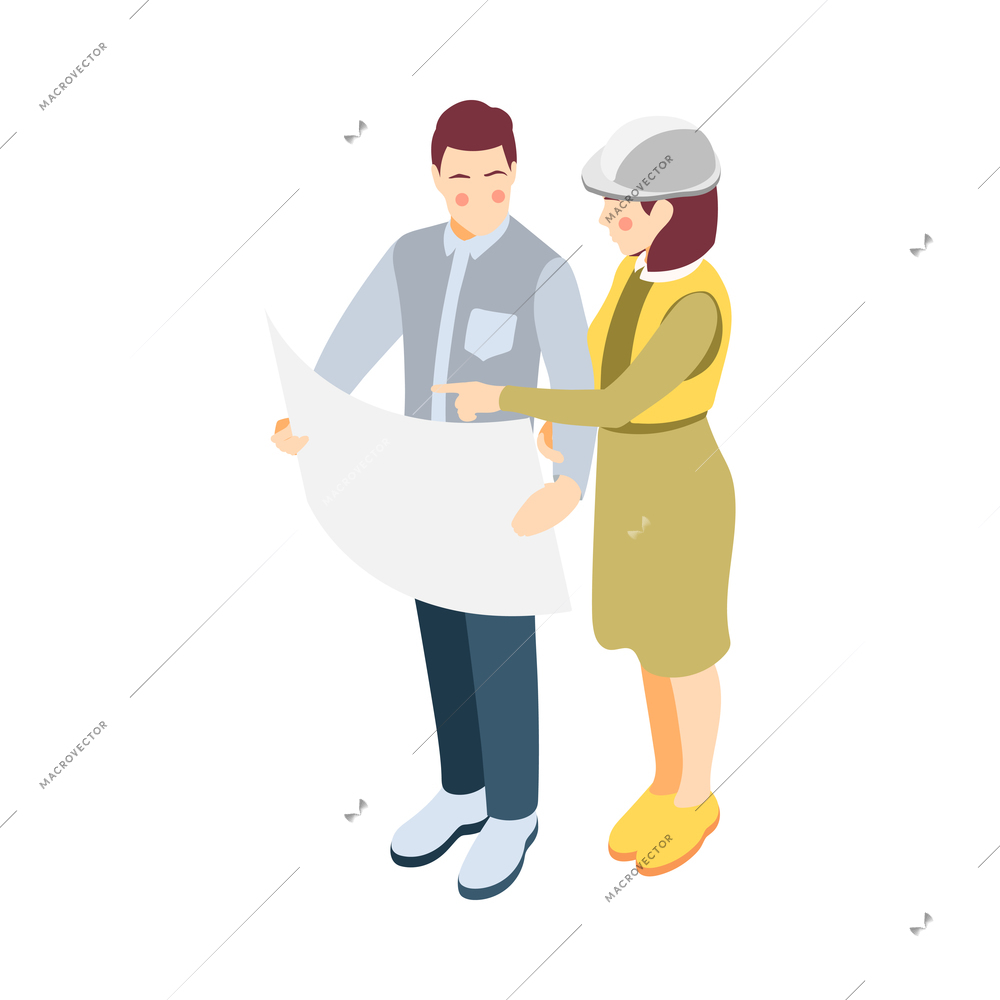 Architects and construction engineers isometric composition with female engineer consulting worker on project vector illustration