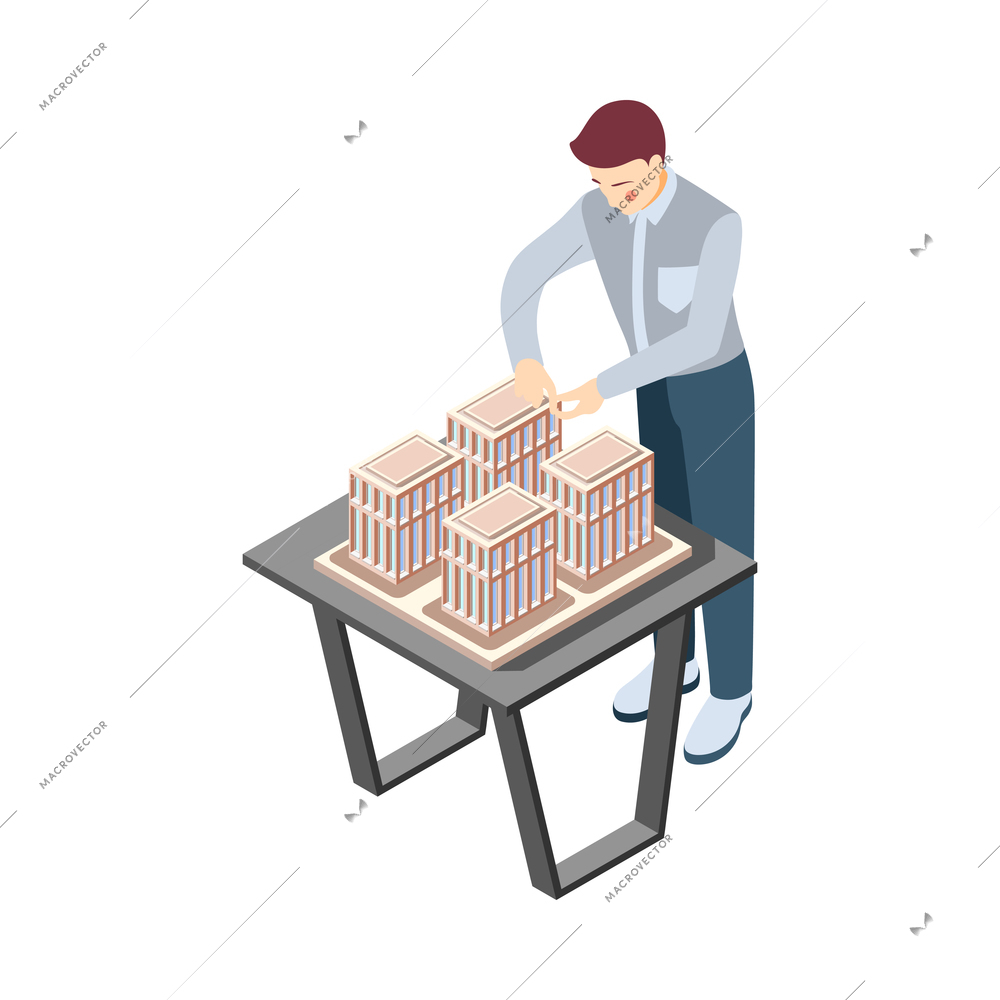 Architects and construction engineers isometric composition with man making dummy buildings block vector illustration