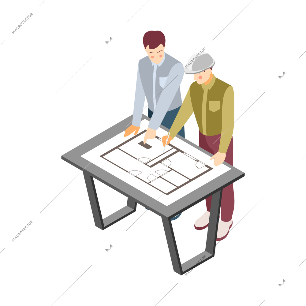 Architects and construction engineers isometric composition with male characters looking at paper sheet with project vector illustration