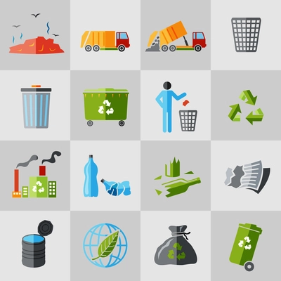 Garbage recycling icons flat set of dumpster basket waste isolated vector illustration