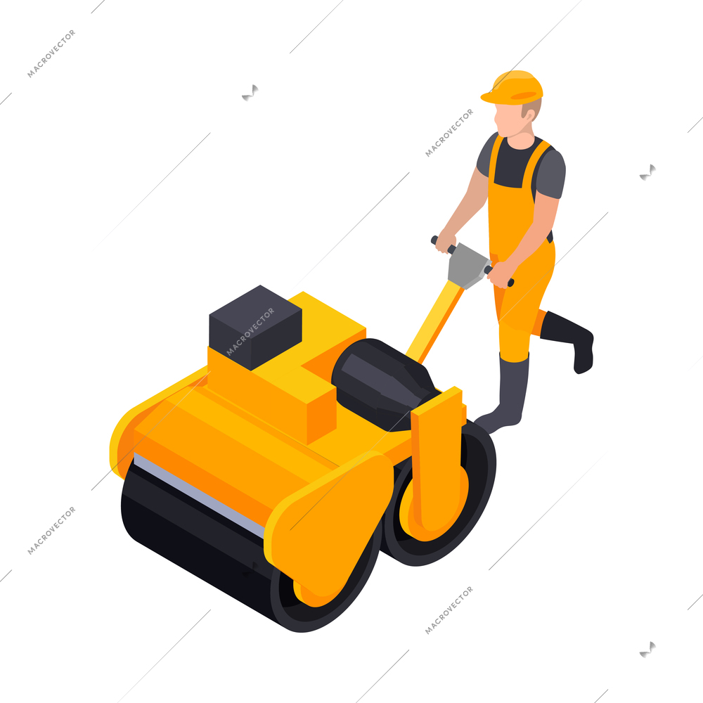 Road construction isometric composition with character of builder operating manual asphalt compactor vector illustration