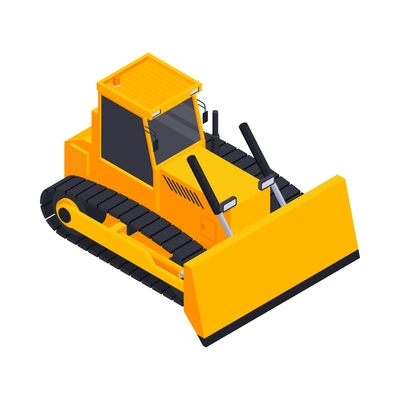 Road construction isometric composition with isolated image of orange bulldozer vector illustration