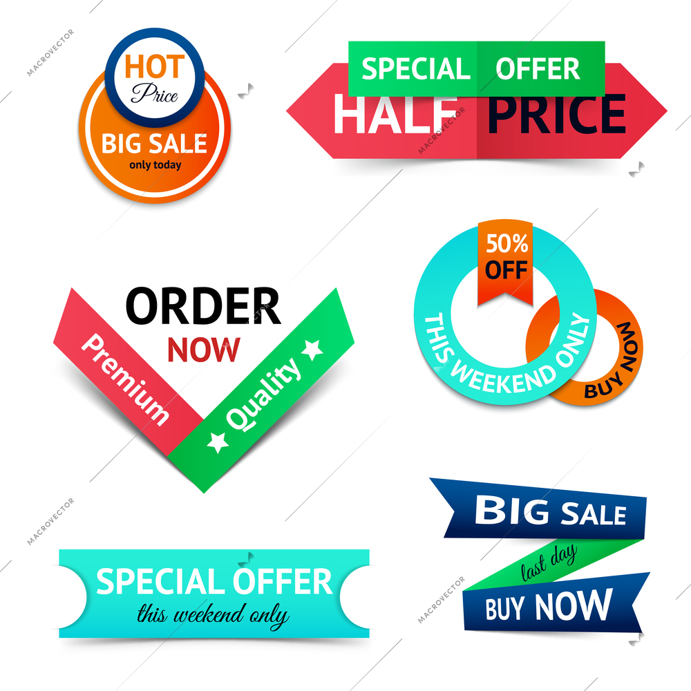 Discount premium product big sale retro color origami ribbon banner set isolated vector illustration