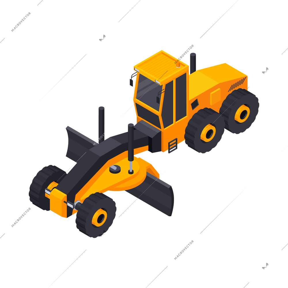 Road construction isometric composition with isolated image of orange bulldozer vector illustration