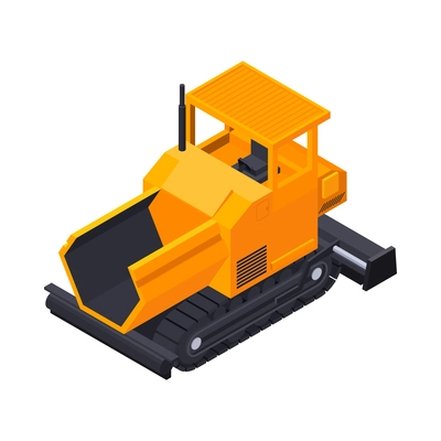 Road construction isometric composition with isolated image of orange bulldozer vector illustration