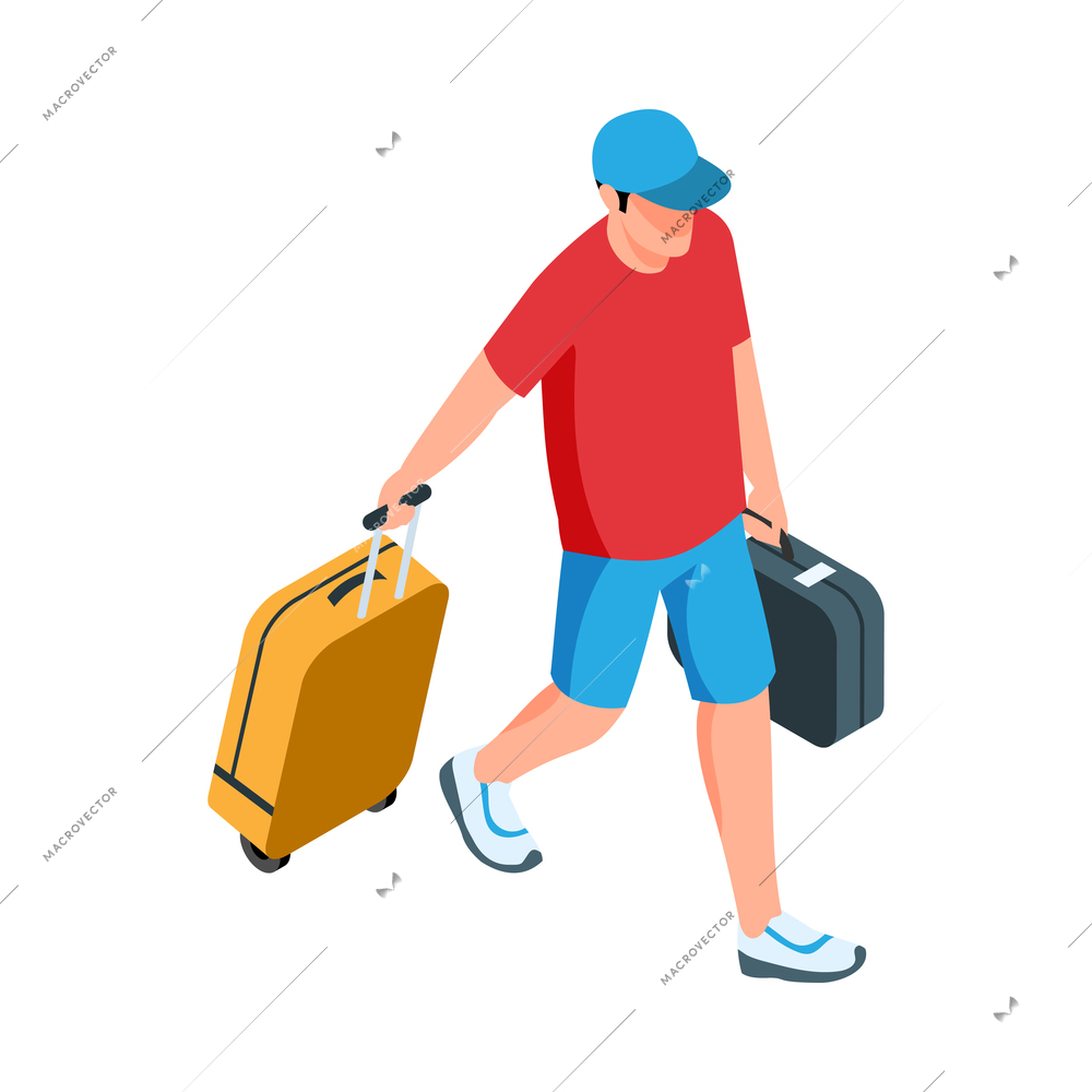 Isometric tourist agency composition with character of walking man with bag and suitcase on blank background vector illustration