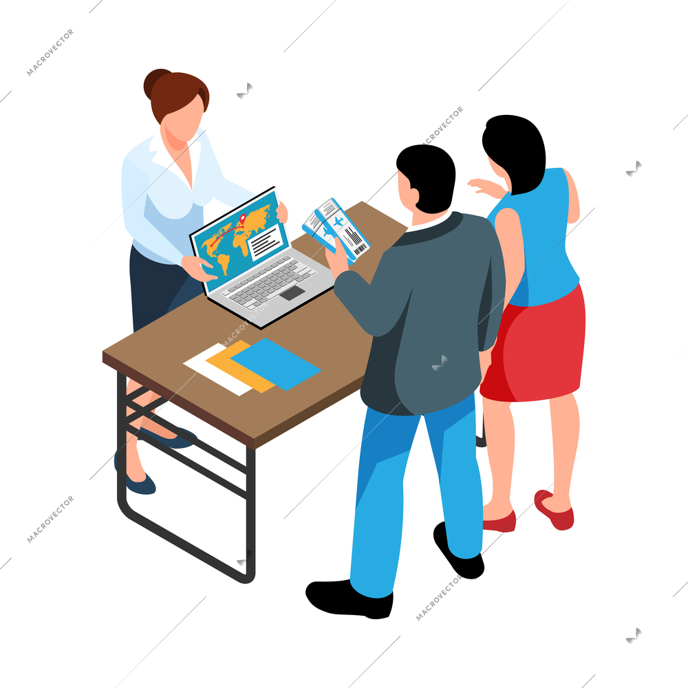 Isometric tourist agency composition with characters of agent with world map and clients with flight tickets vector illustration