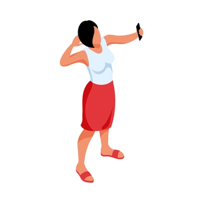 Isometric tourist agency composition with character of woman taking selfie on blank background vector illustration