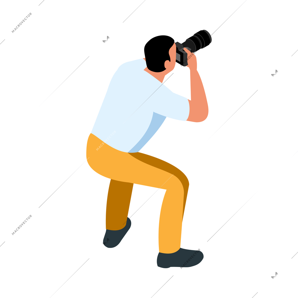 Isometric tourist agency composition with character of man with professional photo camera on blank background vector illustration