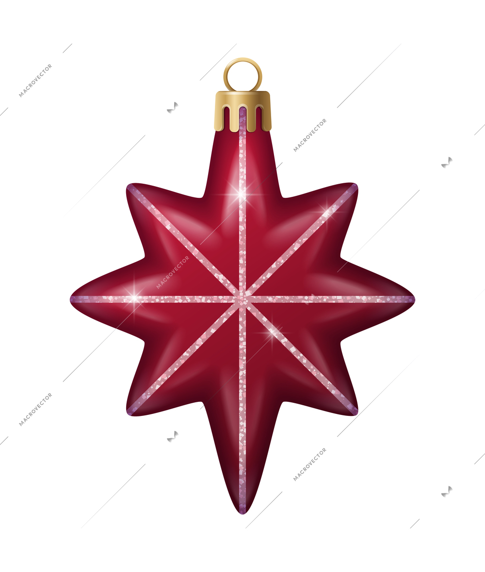 Realistic christmas tree toy composition with star shaped christmas ornament with spangles vector illustration